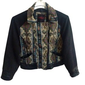 Womens Moto Wool Aztec Jacket Size XL Women Tapestry Jaccard Black Pockets YOKI